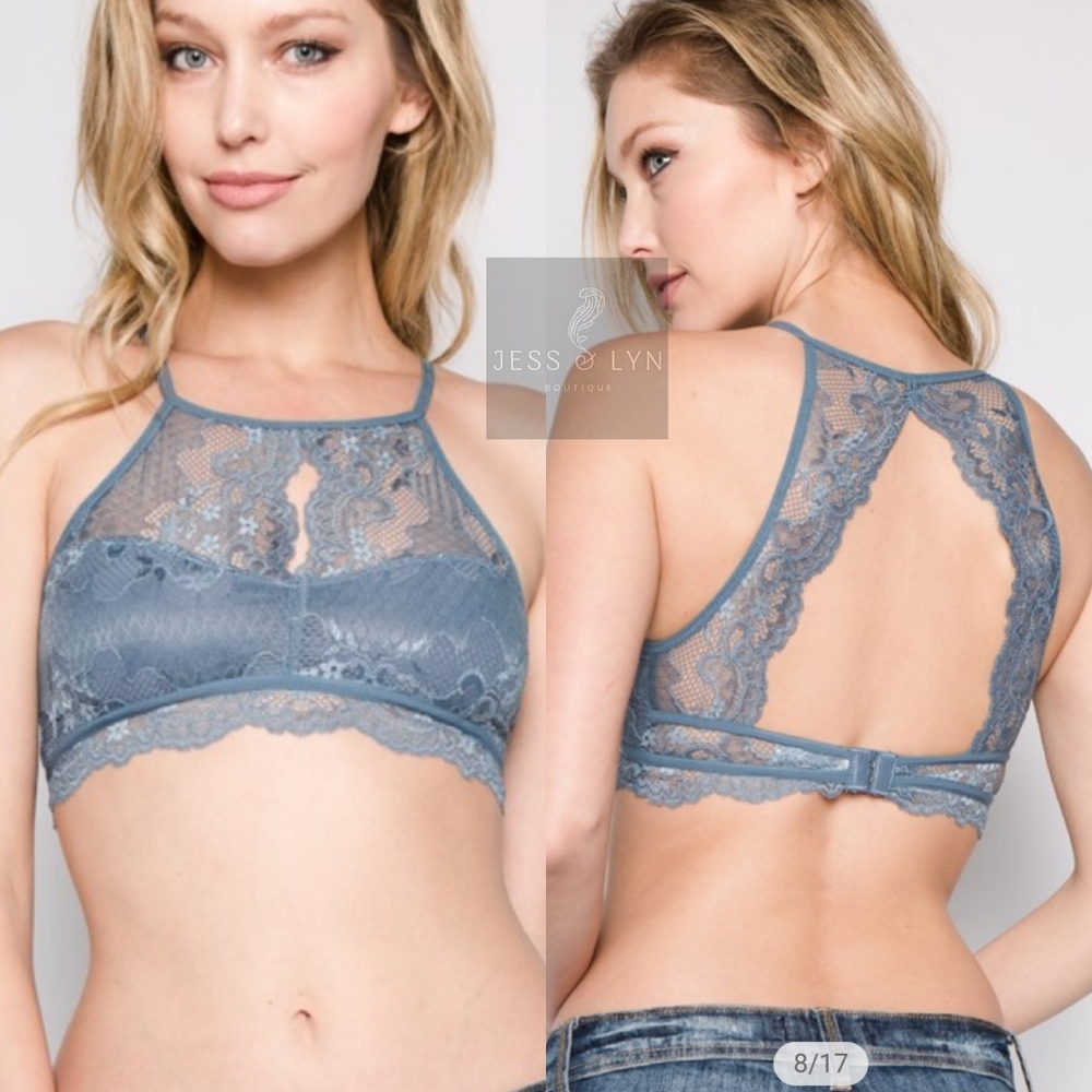 🆕 Stone Blue Hi-Neck Halter Lace Bralette